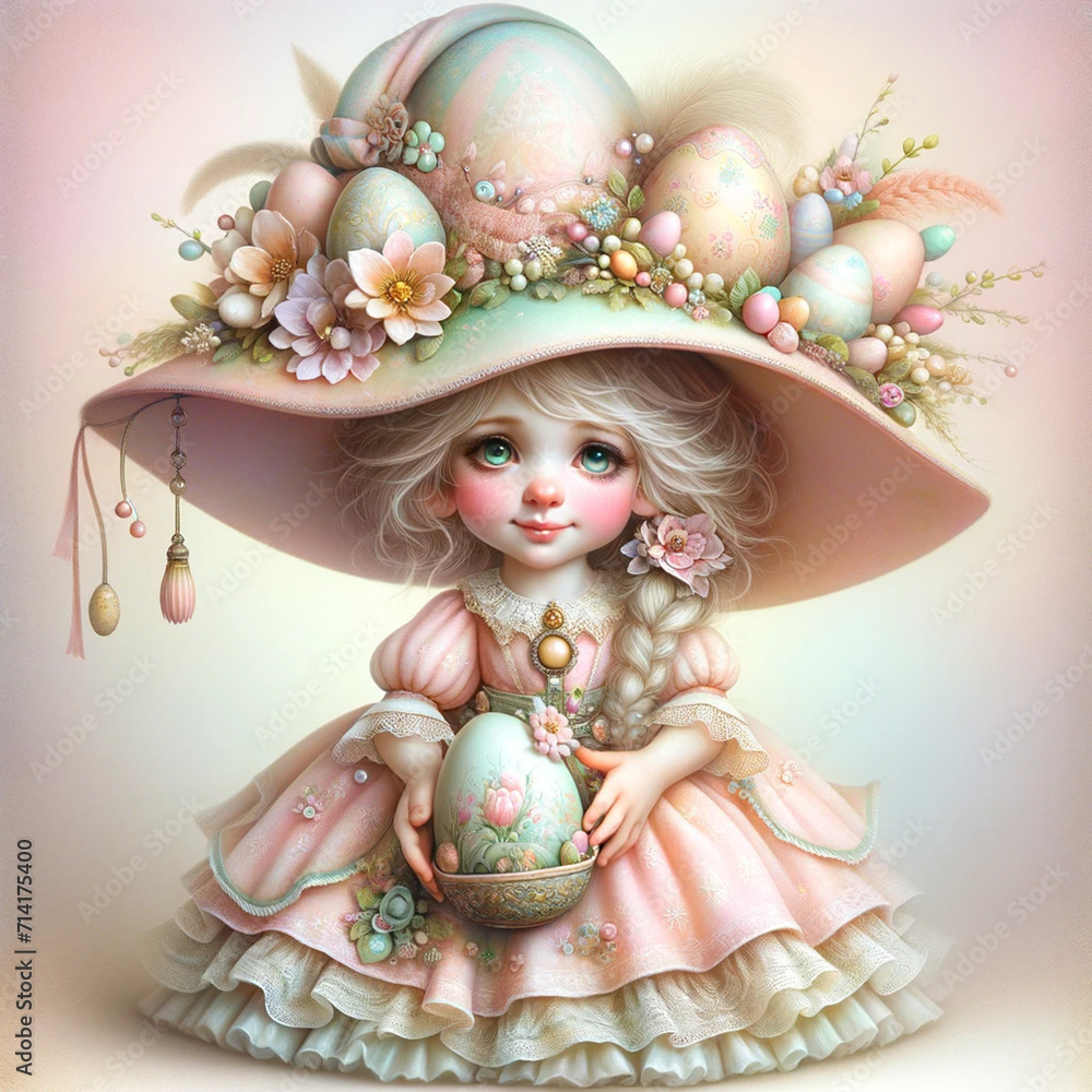 Fototapeta premium Cute little doll with easter eggs in hat and flowers.