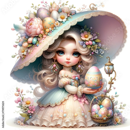 3D digital render of a cute little princess with a basket of Easter eggs isolated on white background