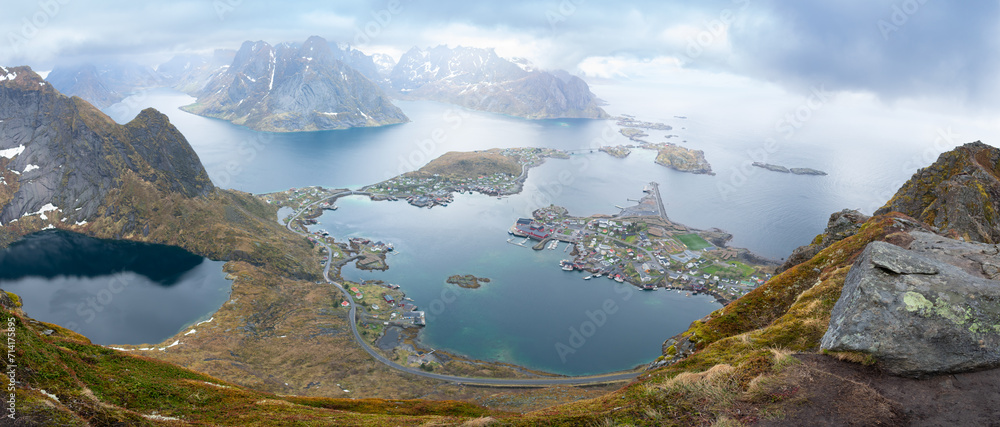 Reine, Lofoten, Norway. Arieal view of the small fishing village know from commercial fishing and dried air-dried cod