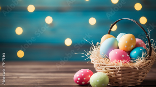 Colorful Easter eggs painted with white circles in a wicker basket with hay, Happy Easter, children's drawings.