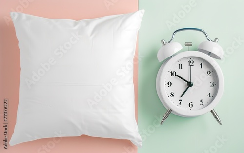 An alarm clock with a pillow in a pastel and peach backdrop with a big copy space, Generative AI.