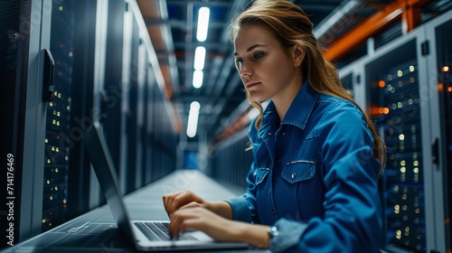 An IT engineer who is female is using a laptop at the data center, space, Generative AI. photo