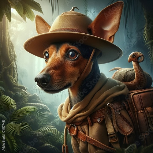 a brown rat terrier dressed as a jungle explorer, digital art