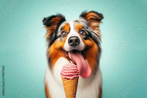 Australian Shepherd dog with tongue hanging out and big bulging eyes eat ice cream cone. ai generative