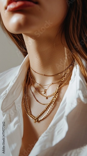 A close-up photograph of a gold necklace