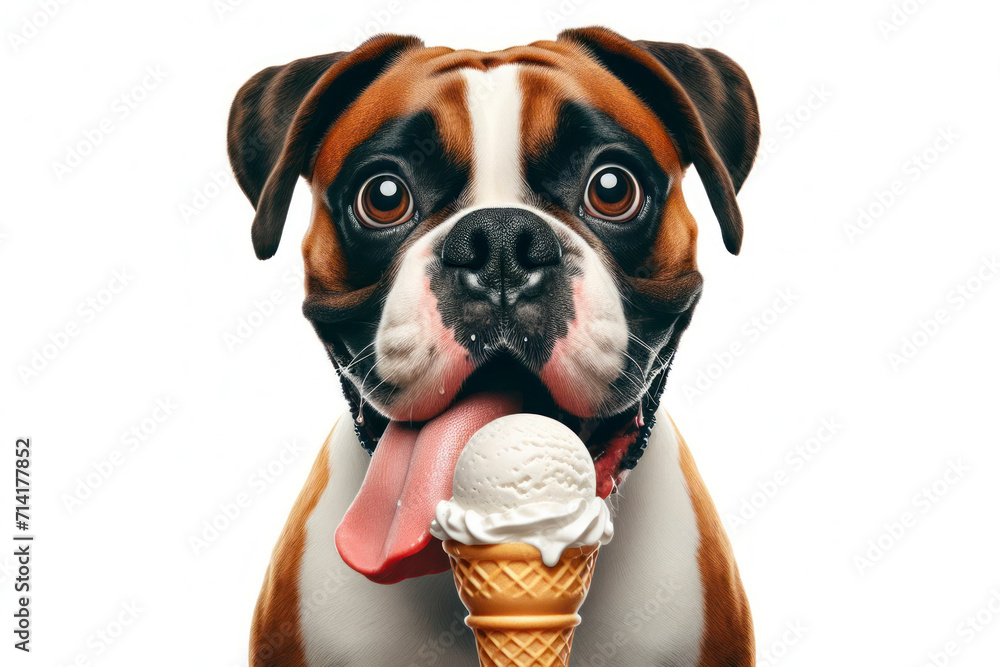 Boxer dog with tongue hanging out and big bulging eyes eat ice cream cone on solid white background. ai generative