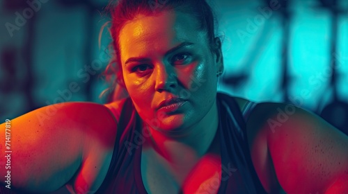Portrait of a fat woman doing sports in the gym. Motivation for a healthy lifestyle. illuminated with dynamic composition and dramatic lighting.
