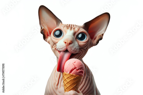 cat sphinx with tongue hanging out and big bulging eyes eat ice cream cone on solid white background. ai generative
