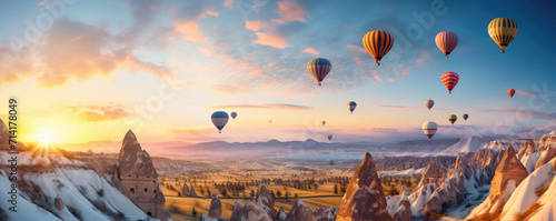 Cappadocia, Hot air colores balloons flying over country.