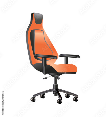 Office chair isolated realistic 3d. Business recruitment concept. Office chair with a sign vacant. We are hiring, open vacancy. Hiring and recruiting banner. Vector