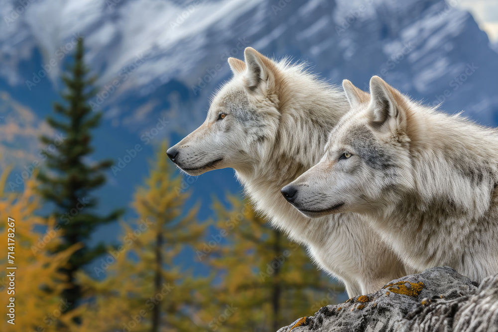Two female Gray wolves looking out with a mountain in the background