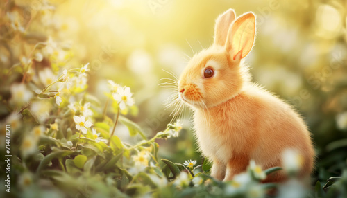 Happy Easter concept: a dwarf cute rabbit sitting on a spring flowers field