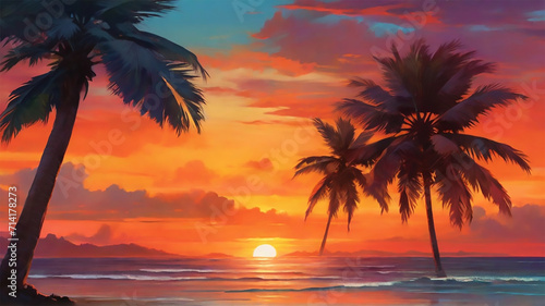 a beach with palm trees and sunset view © Sobaurna