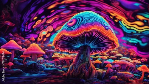 Fényképezés 3d illustration of psychedelic mushroom in surreal space with colorful abstract