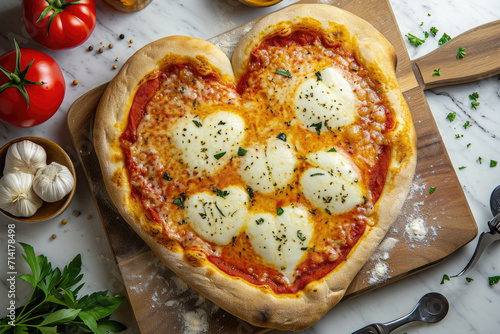 Valentines Day classic Italian pizza Margherita in the shape of a heart and mozzarella