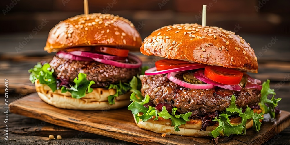 Juicy just cooked burger with meat and cheese , fast food , delicious , background , wallpaper. - obrazy, fototapety, plakaty 