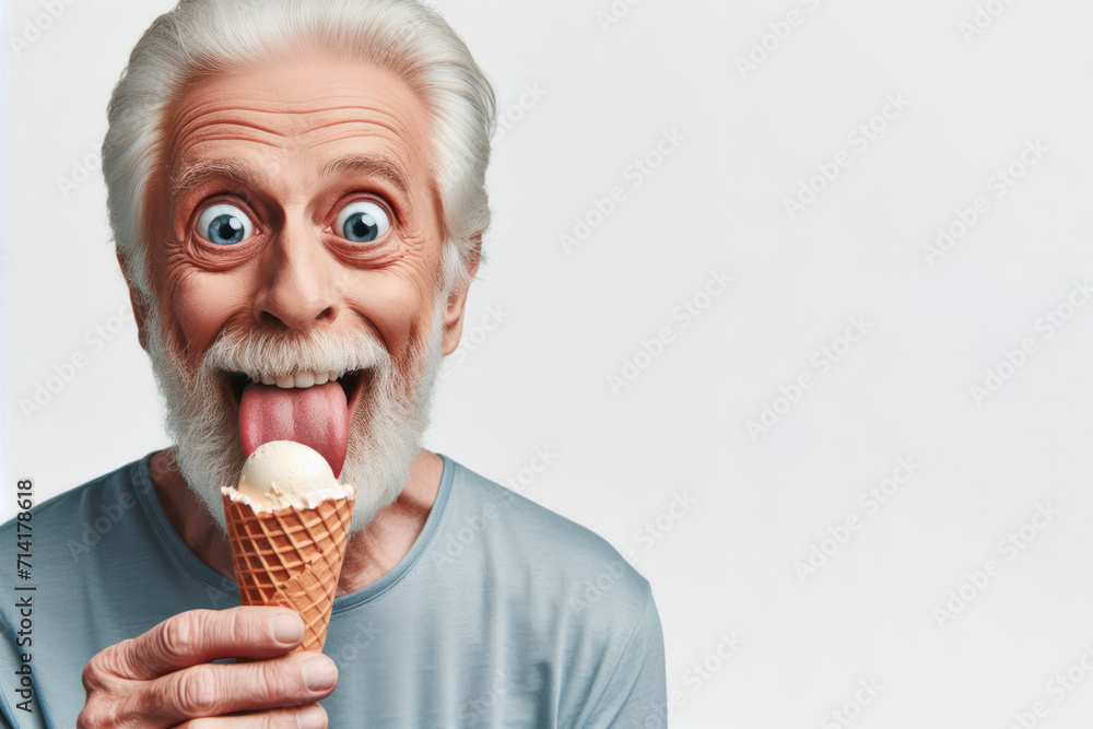 cute senior man with tongue hanging out and big bulging eyes eat ice cream cone on white background. ai generative cute senior man with tongue hanging out and big bulging eyes eat ice cream cone on white background. ai generative