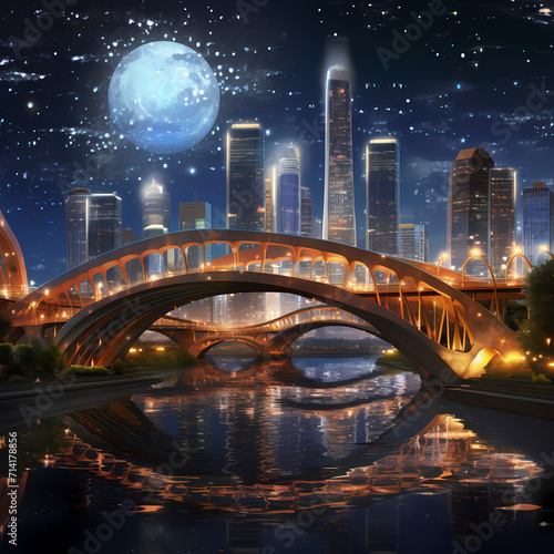 Nighttime skyline with illuminated bridges.