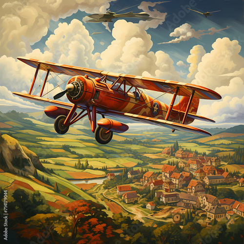 Old-fashioned biplane flying over a patchwork land