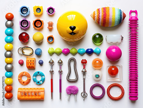 Pet accessories for care and training, Toys on white background top view, mix color