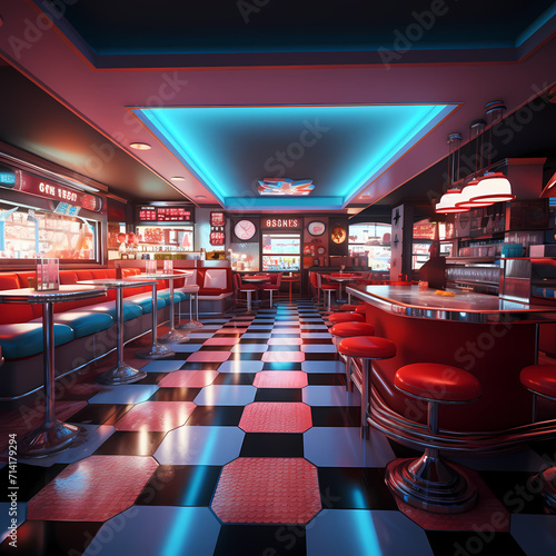 Retro diner with checkerboard floors and neon signs