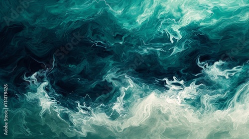 Abstract Painting of Green and White Waves