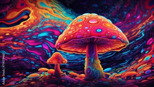 3d illustration of psychedelic mushroom in surreal space with colorful abstract background