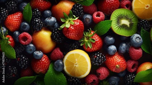 top view of a fresh fruits and berries background  food photography  16 9