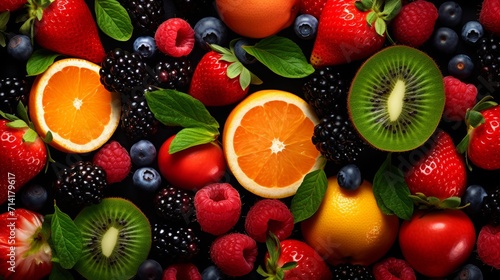 top view of a fresh fruits and berries background, food photography, 16:9
