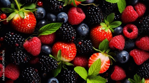 top view of a fresh fruits and berries background  food photography  16 9