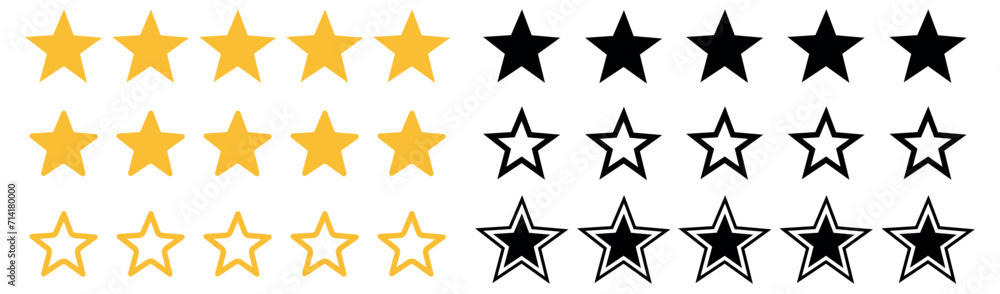 Star icon set. Five Stars rating. Star simple flat icon. 5 stars symbols collection. Vector illustration. Star icon set. Five Stars rating. Star simple flat icon. 5 stars symbols collection. Vector illustration.