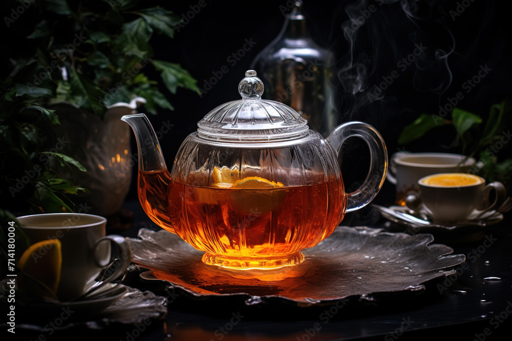 Glass teapot with tea.Generative AI Glass teapot with tea.Generative AI