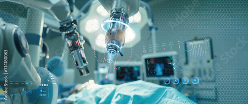 future robotic arms performing automated medical health care operation for future precision surgical robot and remote control hospital equipment as wide banner design with information hologram photo