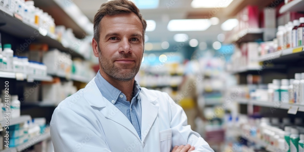 A handsome male pharmacist working in a pharmacy