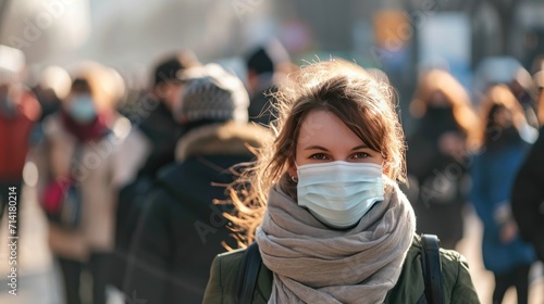 Young woman in a medical mask on the background of the crowd. Medical Mask. Pandemic Concept. Healthcare Concept. Epidemic Concept.