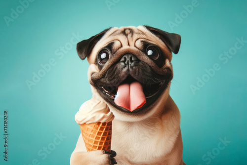 pug dog with tongue hanging out and big bulging eyes eat ice cream cone on solid color background. ai generative