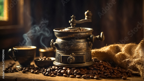 Cup of coffee, grains vintage background espresso