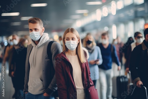 COVID-19 Coronavirus. Young man and woman in medical mask at airport. Medical Mask. Pandemic Concept. Healthcare Concept. Epidemic Concept.