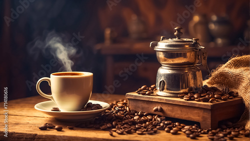 Cup of coffee, grains vintage background rustic