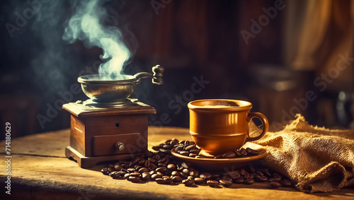 Cup of coffee, grains vintage background natural