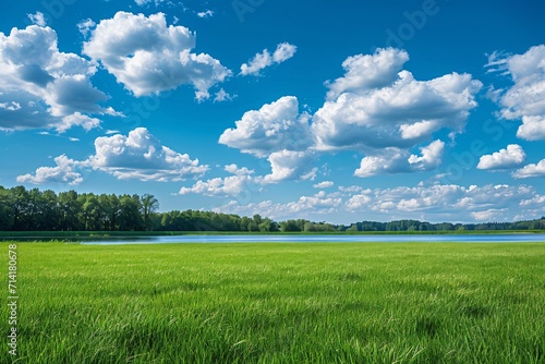 green grass field near lake under blue sky