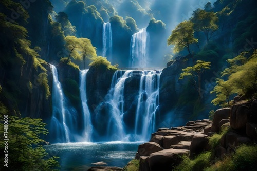 A mountainous landscape featuring a majestic waterfall  its waters gracefully descending down terraced cliffs