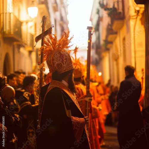 the holy week, with processions and prayers holding a cross, vivid colors 