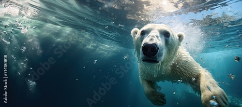 A polar bear swims underwater and looks at the camera. Wild life in the north. photo