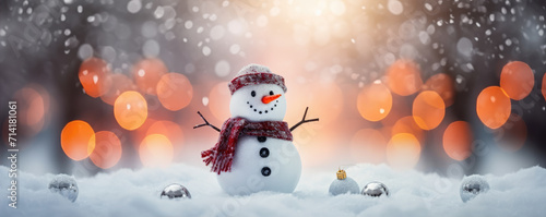Snowman in winter country. Merry christmas and happy new year print card decoration. wide banner