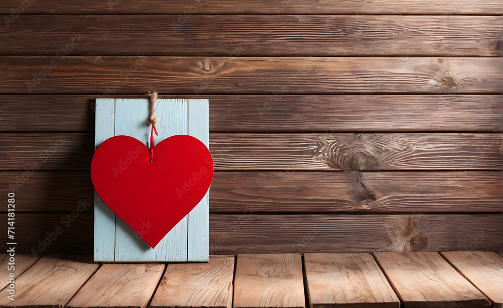 A red heart on a wooden table. Generative AI A red heart on a wooden table. Generative AI