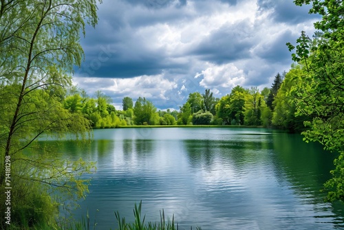 Green trees near the lake cloudy sky at daytime