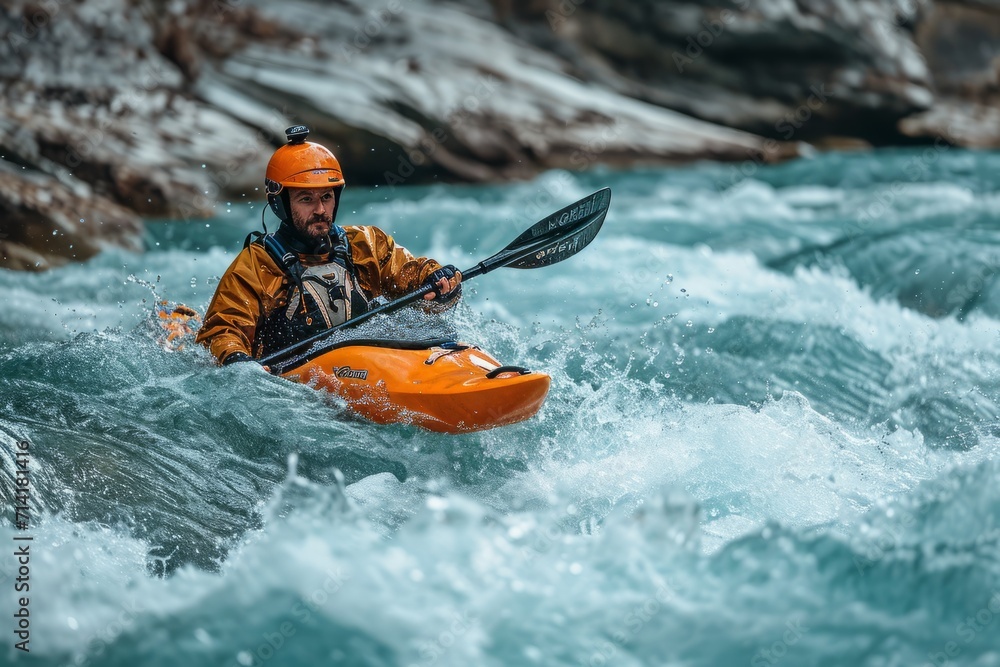 Man with vest and helmet with camera kayaking in whitewater. Concept adventure, sport Man with vest and helmet with camera kayaking in whitewater. Concept adventure, sport