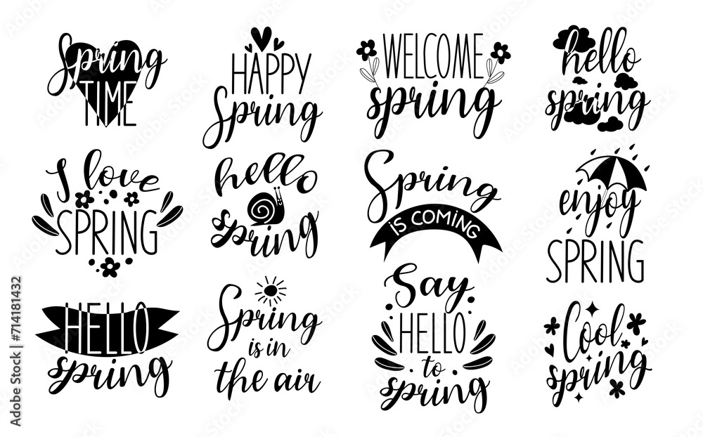 Spring or summer time handmade text quote. Hello spring time vector lettering text greeting card special springtime typography hand drawn. - obrazy, fototapety, plakaty 
