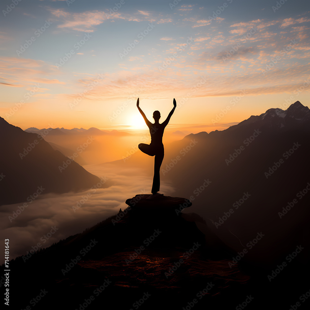 Silhouette of a person practicing yoga on a mountaintop at sunrise.